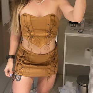 Tan Lace-Up Corset and Skirt Set